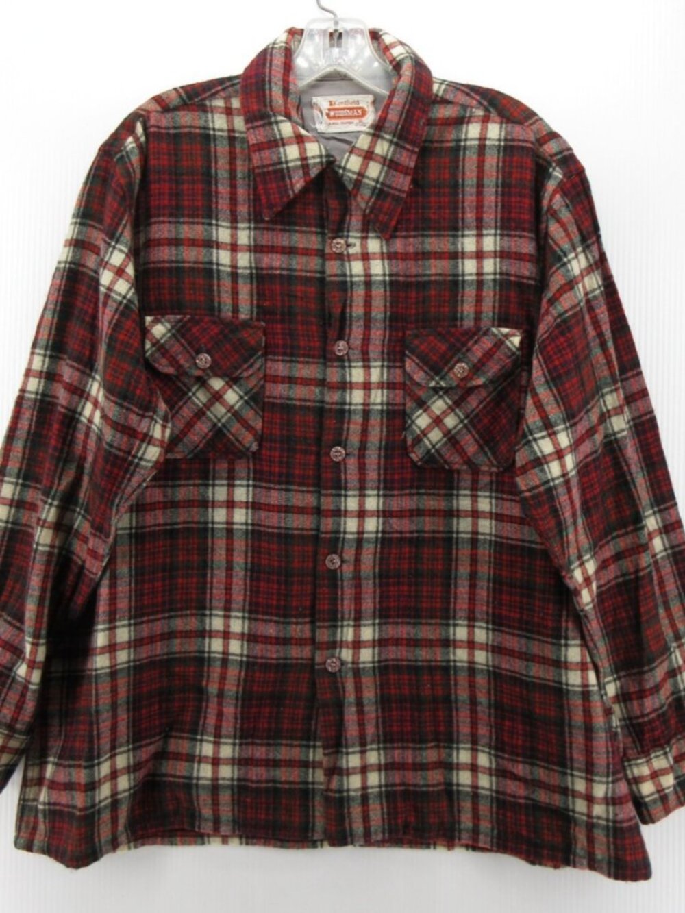 VINTAGE Kentfield Shirt XL Woodsman Wool Flannel Loop Collar Plaid 70s